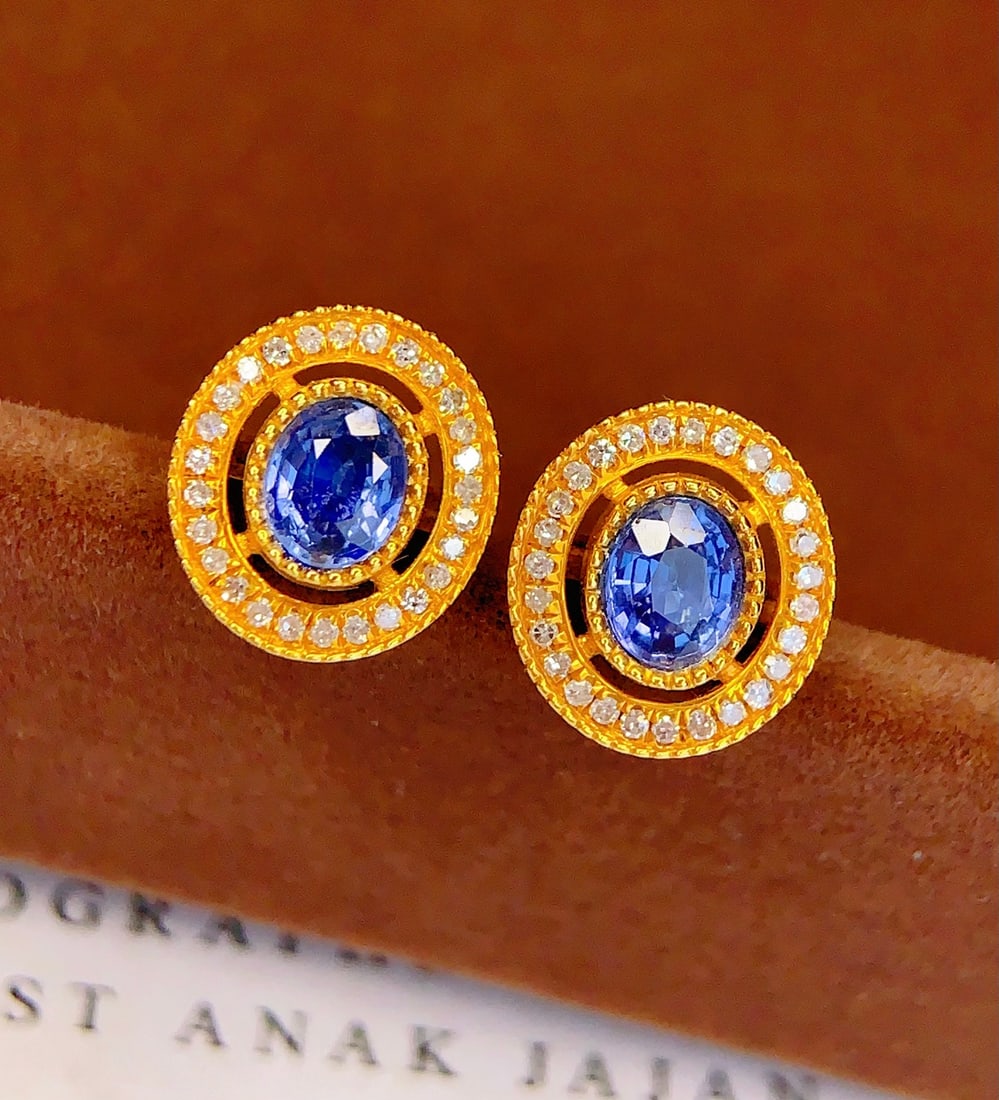 18K Gold Natural Sapphire Earrings - 2