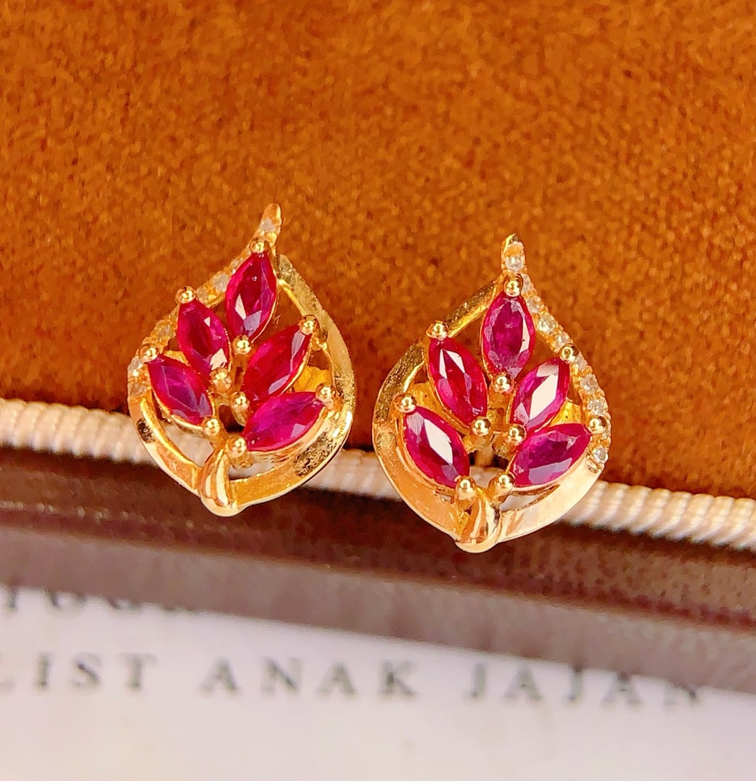 18K Gold Natural Ruby Earrings - 2