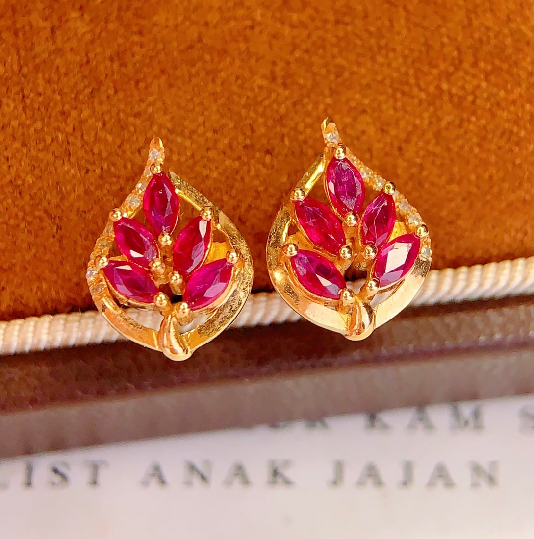 18K Gold Natural Ruby Earrings - 5