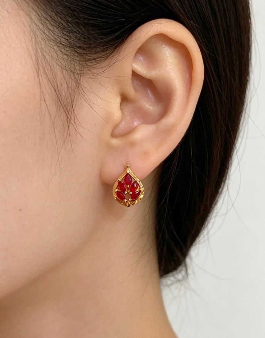 18K Gold Natural Ruby Earrings - 6