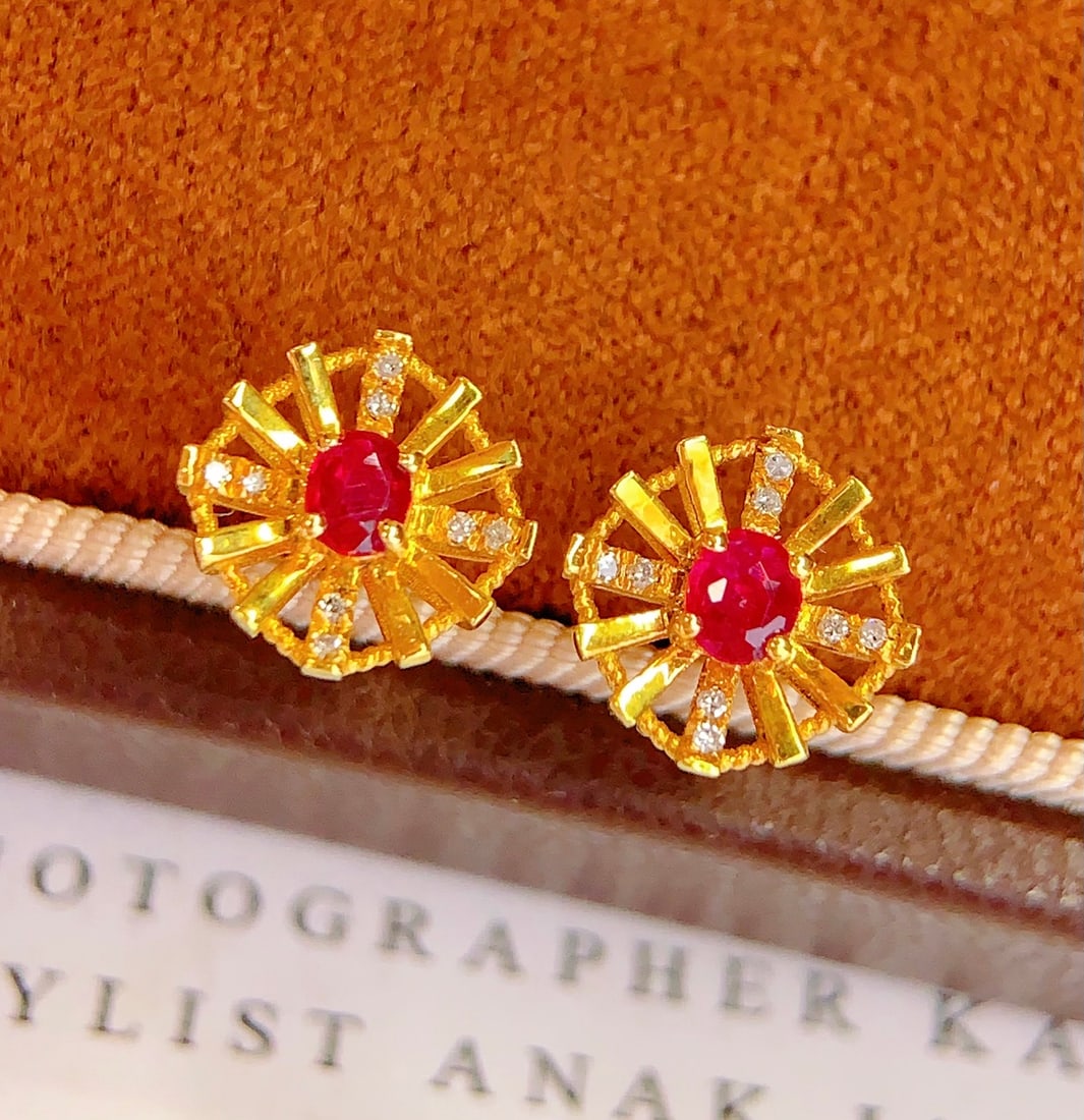 18K Gold Natural Ruby Earrings - 2