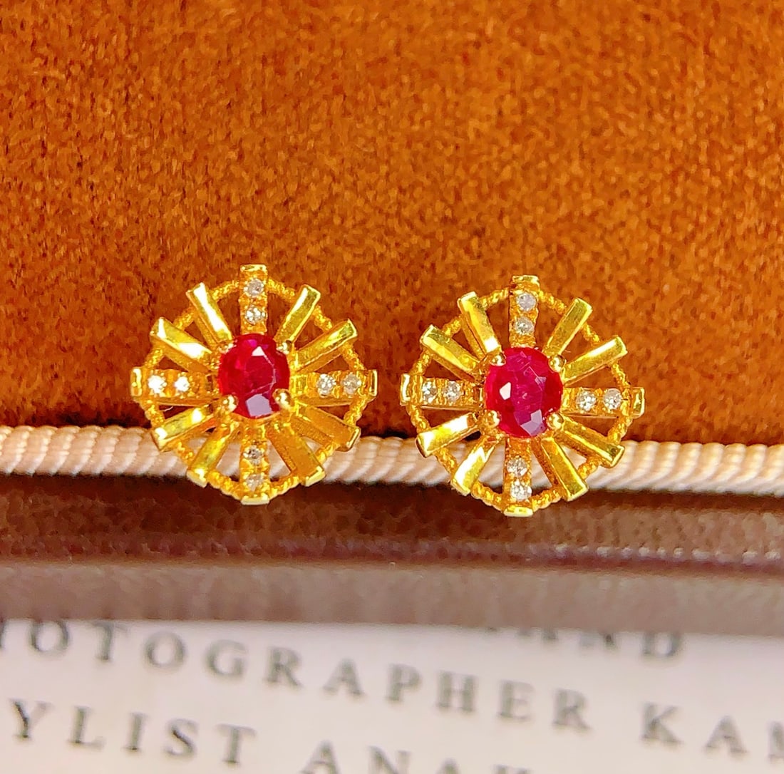 18K Gold Natural Ruby Earrings - 3