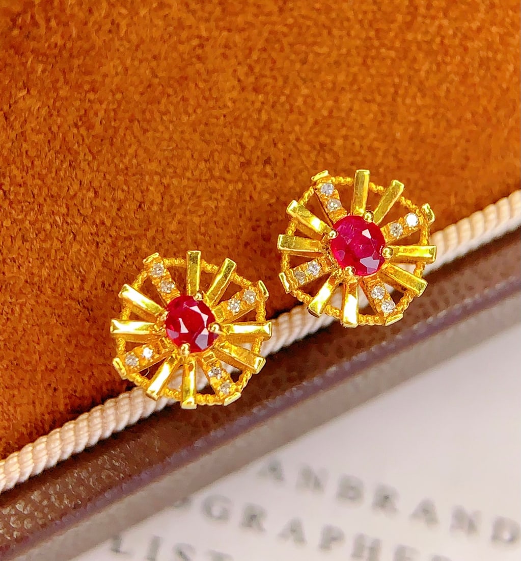 18K Gold Natural Ruby Earrings - 4