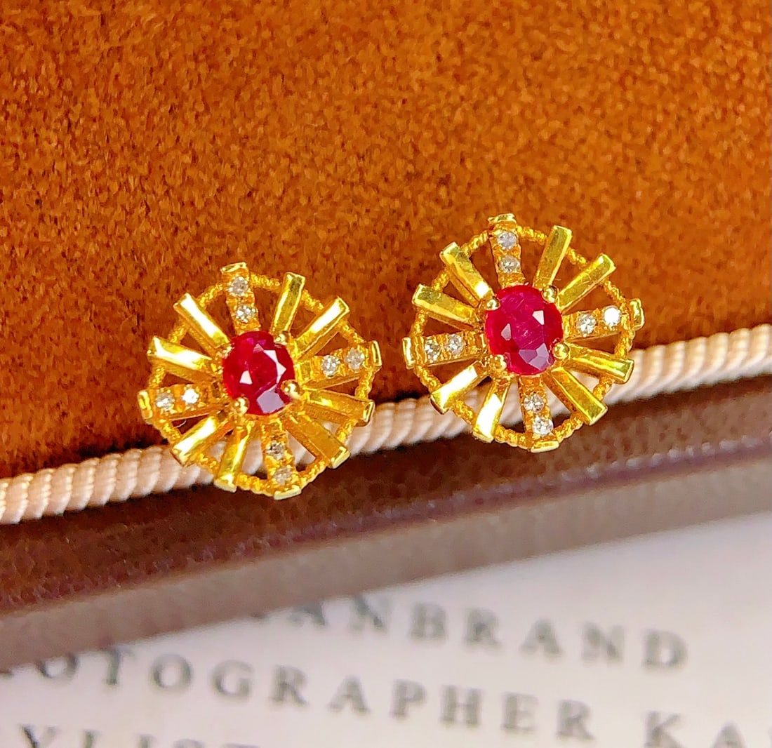 18K Gold Natural Ruby Earrings - 5