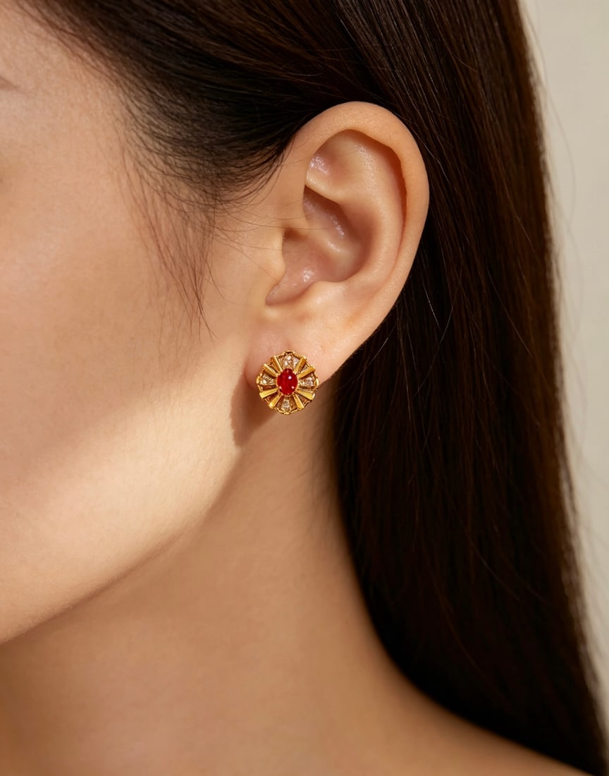 18K Gold Natural Ruby Earrings - 6