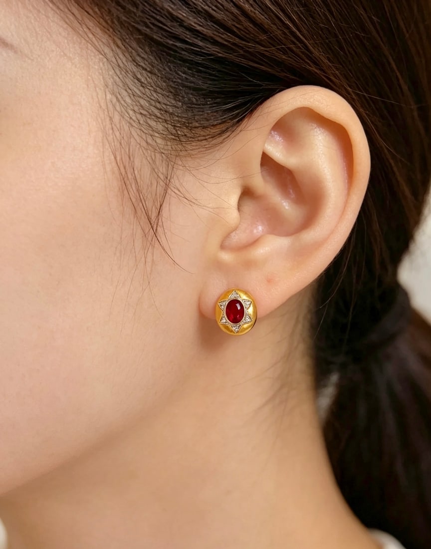 18K Gold Natural Ruby Earrings - 6