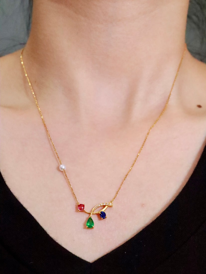 18K Gold Natural Multi-Gemstone Collarbone Necklace - 2