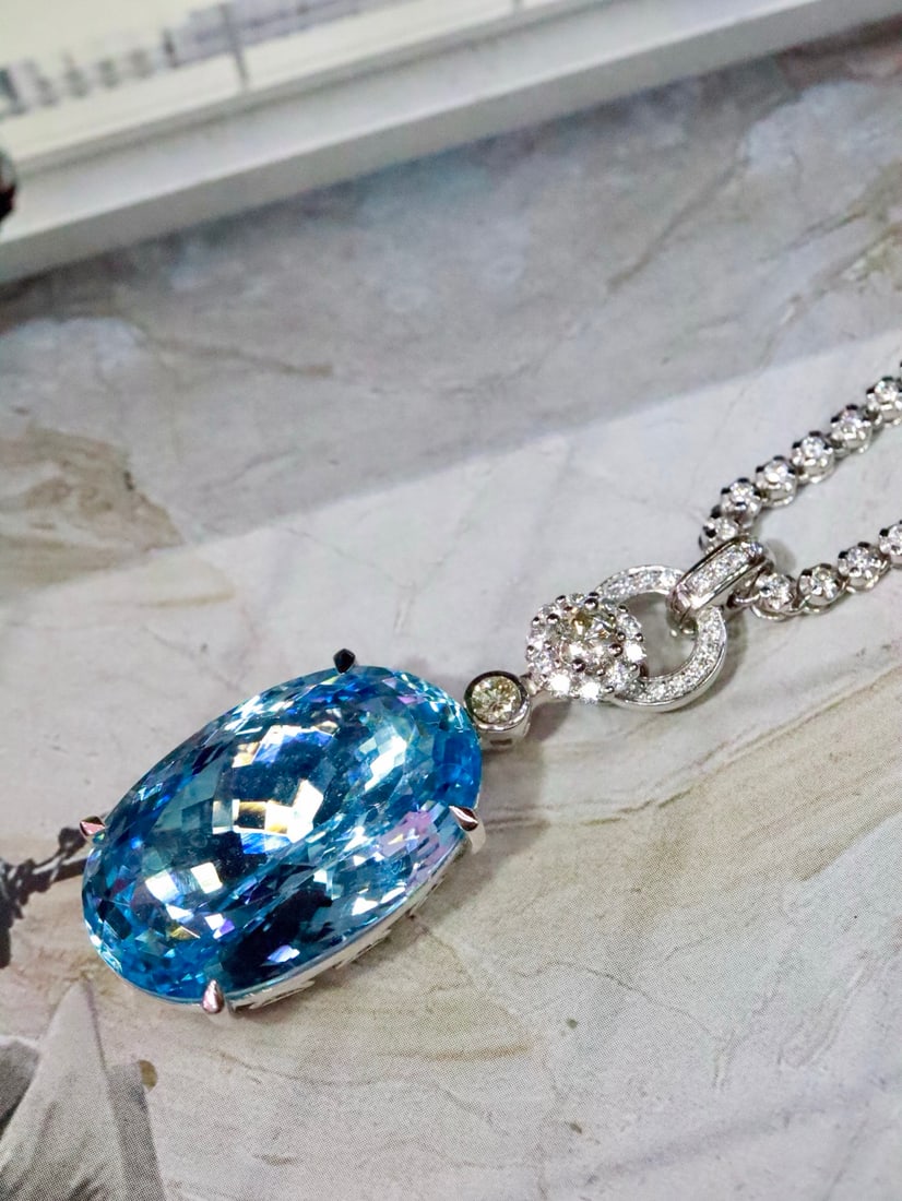 Platinum Natural Aquamarine Pendant Necklace - 7