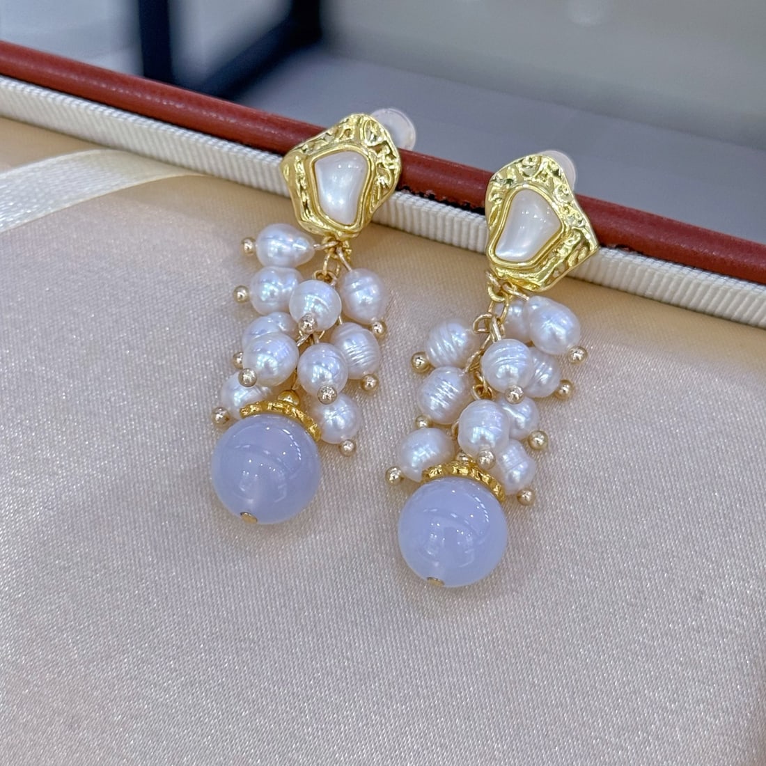 Natural Pearl and Blue Chalcedony Earrings - 2