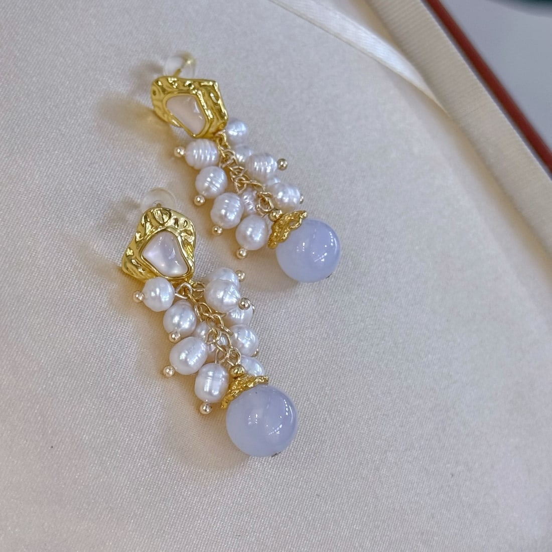 Natural Pearl and Blue Chalcedony Earrings - 3