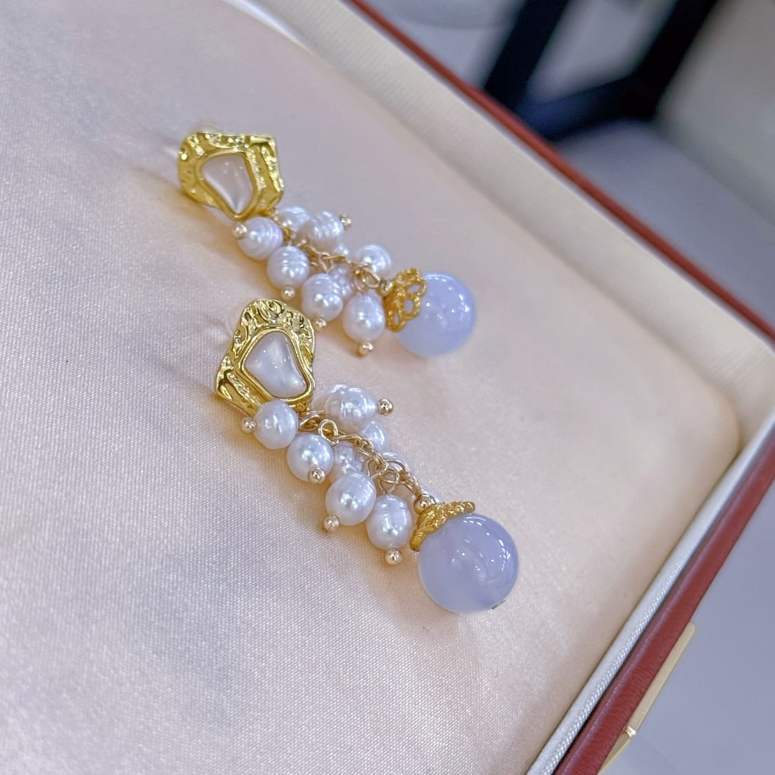 Natural Pearl and Blue Chalcedony Earrings - 4