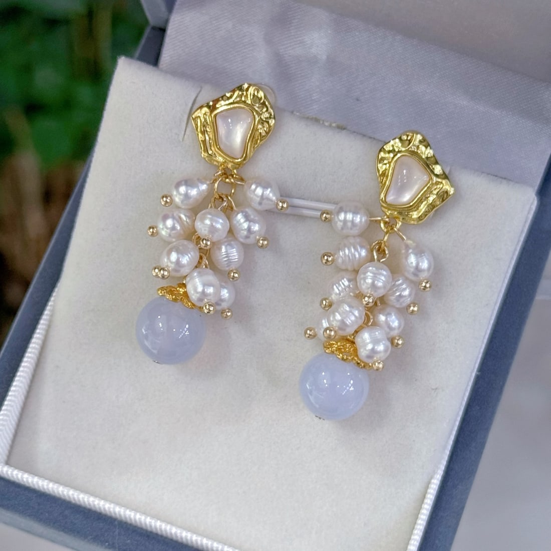 Natural Pearl and Blue Chalcedony Earrings - 7