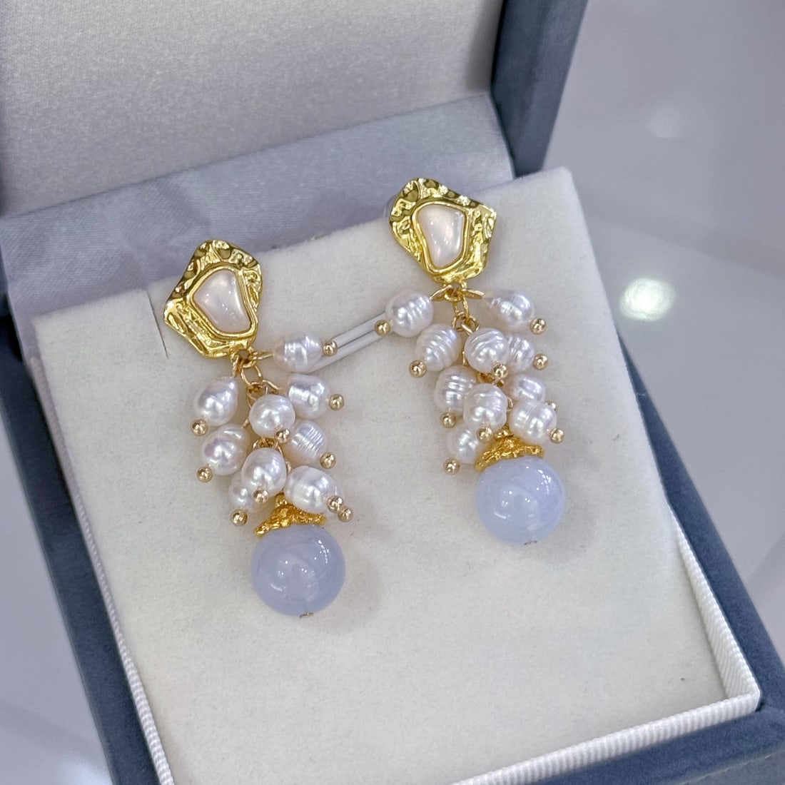 Natural Pearl and Blue Chalcedony Earrings - 8