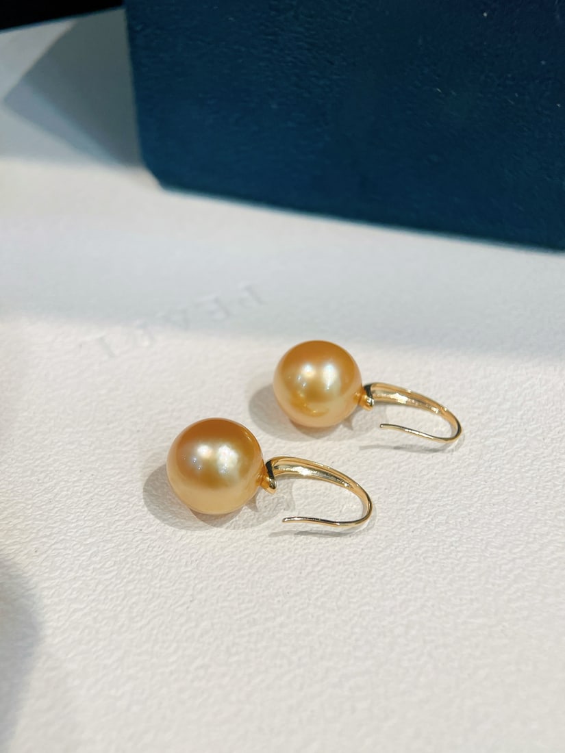 18K Gold Classic Deep Golden Sea Pearl Earrings - 4