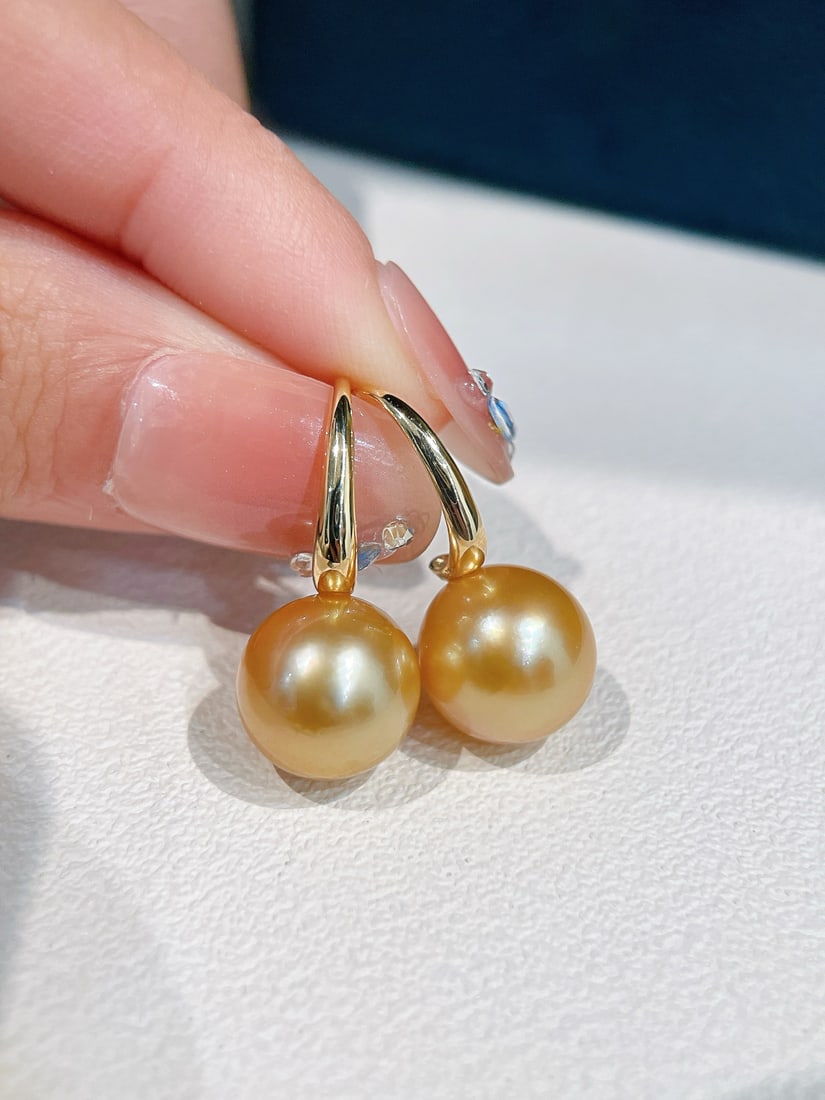 18K Gold Classic Deep Golden Sea Pearl Earrings - 5