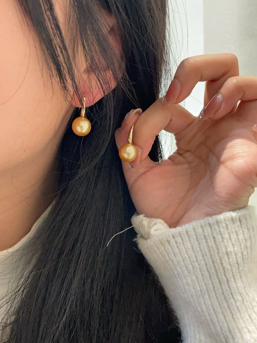 18K Gold Classic Deep Golden Sea Pearl Earrings - 6