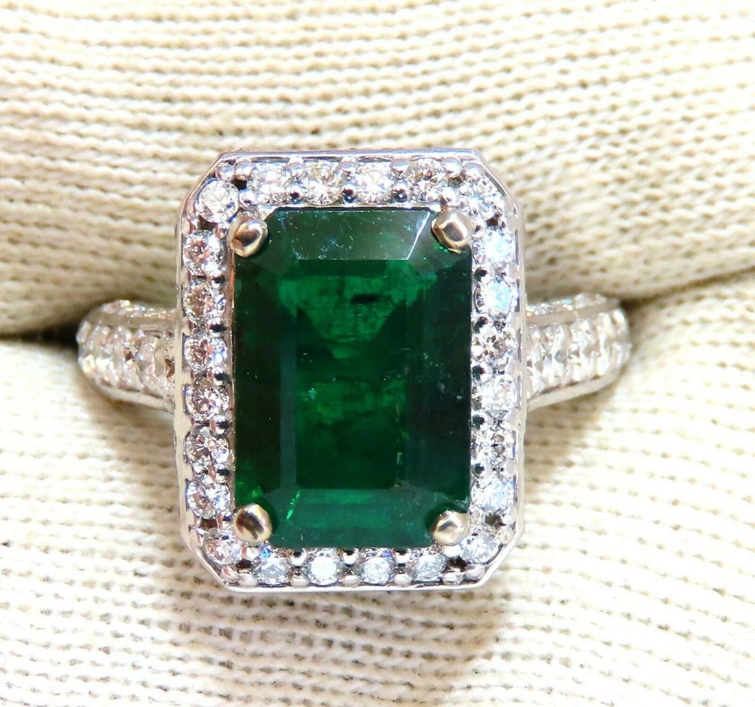 5.52ct Natural Vivid Green Emerald Diamonds Ring 14kt Mod Halo Bead Set 11179 - 5