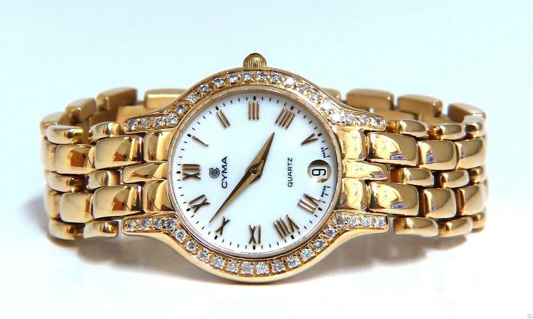 Cyma ladies gold diamond watch 14 karat: Title: Cyma ladies gold diamond watch 14 karat $11,000.00 PRODUCT DESCRIPTION Cyma Ladies Watch Working Swiss quartz battery movement. Functional date. .50 carat natural diamonds g color vs2 clarity 4