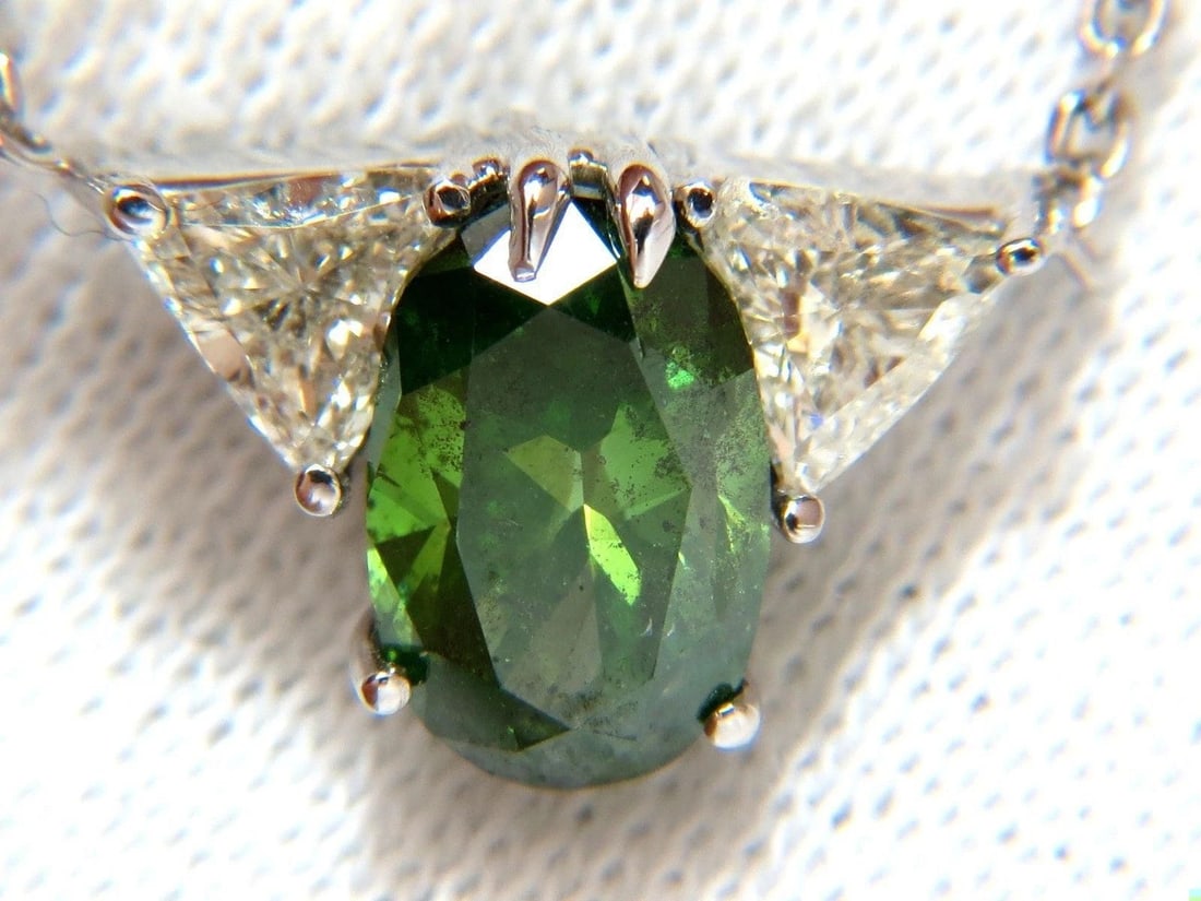 3.26CT ENHANCED FANCY COLOR GREEN DIAMOND NECKLACE SIDE TRILLIANTS 14KT 10035 - 6