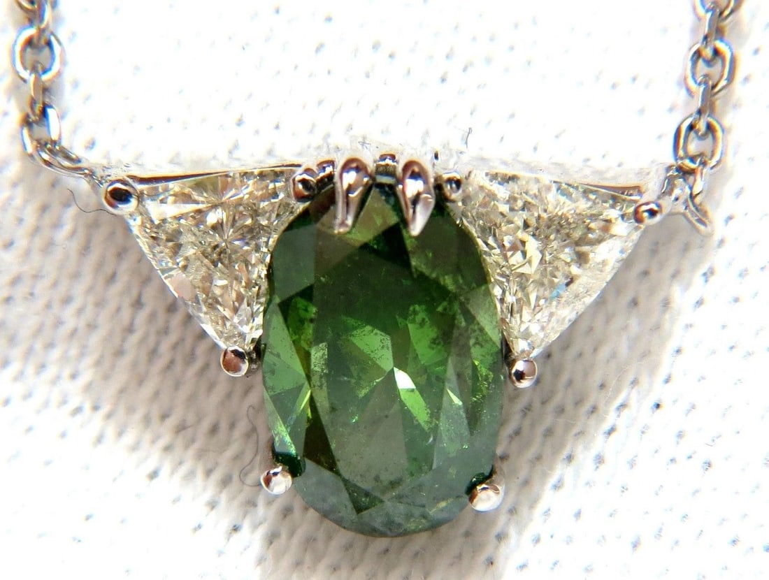 3.26CT ENHANCED FANCY COLOR GREEN DIAMOND NECKLACE SIDE TRILLIANTS 14KT 10035 - 7