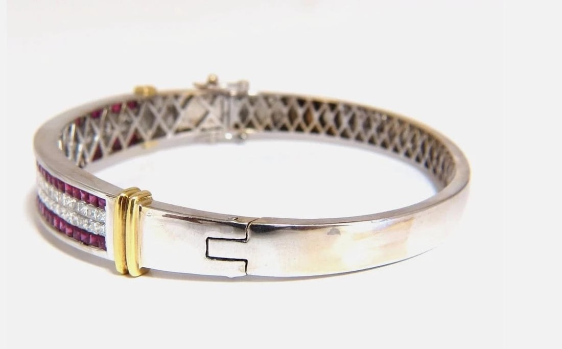 5.30ct natural princess cut ruby diamonds bangle bracelet 18kt gold 12242 - 2
