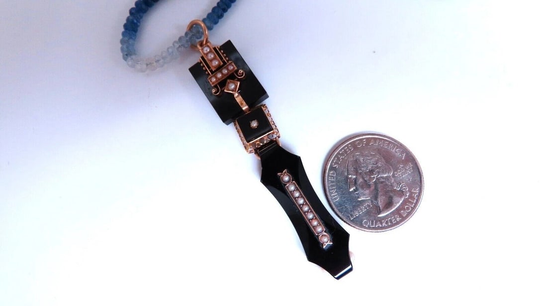 63ct natural Sapphire bead necklace 14 karat clasp Antique Onyx Drop Pendant - 2