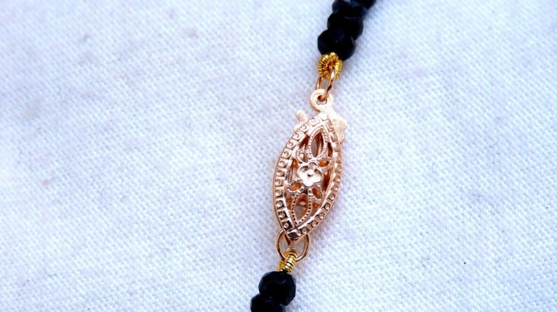 63ct natural Sapphire bead necklace 14 karat clasp Antique Onyx Drop Pendant - 4