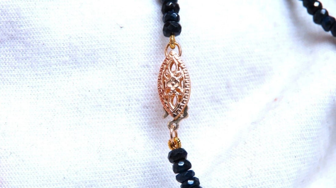 63ct natural Sapphire bead necklace 14 karat clasp Antique Onyx Drop Pendant - 6