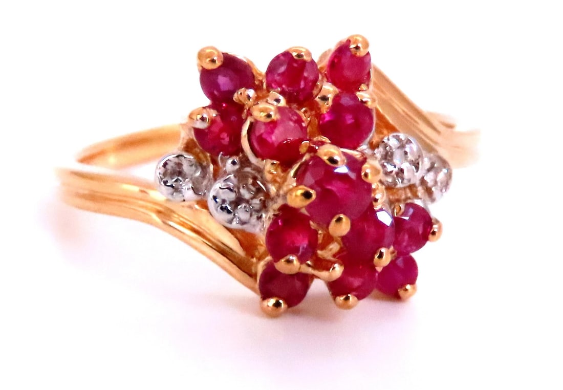 .50ct Natural Ruby Diamond Cluster Cocktail Ring 14kt Gold 67121: Title: .50ct Natural Ruby Diamond Cluster Cocktail Ring 14kt Gold 67121 $650.00 PRODUCT DESCRIPTION .50ct natural rubies ring .03ct natural diamonds 14kt yellow gold 3.8 grams size 7.75 13 x 12 deck