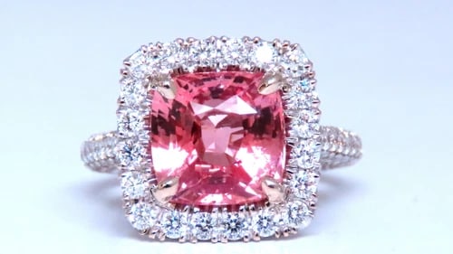 GIA Certified 4.51ct Natural Padparadscha Diamonds Ring 18kt Gold Halo 12625: Title: GIA Certified 4.51ct Natural Padparadscha Diamonds Ring 18kt Gold Mod Halo 12625 $35,000.00 PRODUCT DESCRIPTION GIA Certified Natural Padparadscha Sapphire Ring Report #5222033179 4.51ct Cushio