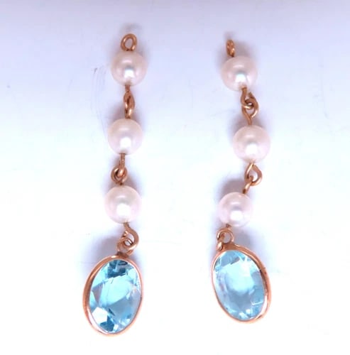 Jacket 4ct Natural Blue Topaz Dangle Earrings 14kt 65554: Title: 4ct Natural Blue Topaz Dangle Earrings 14kt 65554 $350.00 PRODUCT DESCRIPTION 4ct Natural Blue Topaz Dangle jacket earrings. 7x5mm blue topaz. 4.7mm cultured pearl 1.5 inch long *Jacket Earring