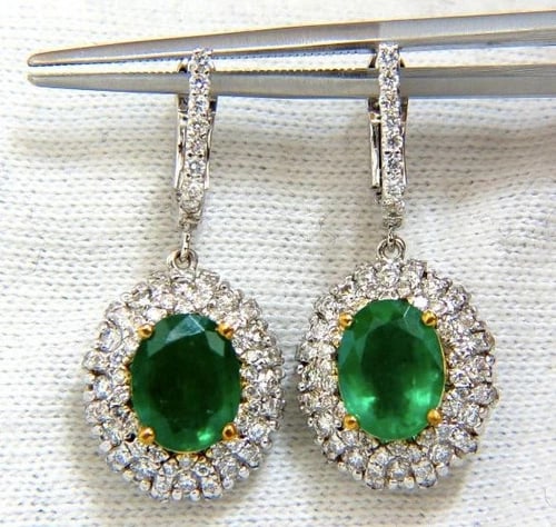 4.84ct Natural Green Emerald Diamond Cluster Earrings Dangle 14K 14542 - 8