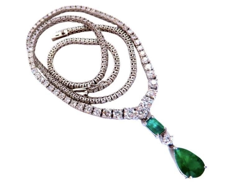 14.47ct Natural Emerald Diamond Necklace 14K Dangle Riviera Graduated 12644: Title: 14.47ct Natural Emerald Diamond Necklace 14K Dangle Riviera Graduated 12644 $25,000.00 PRODUCT DESCRIPTION Natural emeralds & diamonds necklace. 2.80ct Pear Shape Dangling Emerald (10.8 x 11.3m