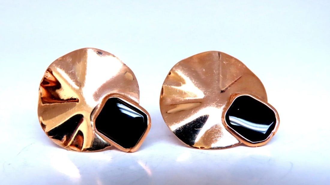 Vintage Onyx Circular Pierced Earrings 14kt Gold 12630 (1 of 4)