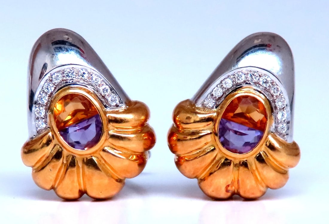 Citrine Amethyst Clip Earrings 18kt 12530: Title: Citrine Amethyst Clip Earrings 18kt 12530 $2,500.00 PRODUCT DESCRIPTION natural 1ct Citrine 1ct amethyst clip earrings 0.36ct diamonds g-color vs-2 clarity post-less clips 18kt white gold 15 gr