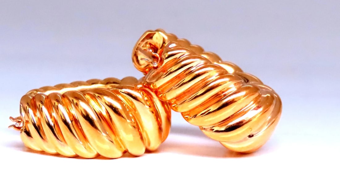 Shrimp Semi Hoop Earrings 14kt 12491: Title: Shrimp Semi Hoop Earrings 14kt 12491 $1,400.00 PRODUCT DESCRIPTION mod deco shrimp semi hoop earrings 25 x 11mm comfortable lever 14kt gold 10.5 grams <