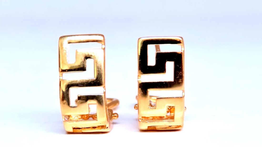 Greek Iconic Semi Hoop Earrings 14kt 12495: Title: Greek Iconic Semi Hoop Earrings 14kt 12495 $800.00 PRODUCT DESCRIPTION Greek Iconic Semi Hoop Earrings gorgeous open detail patina 15 x 9 x 7mm 14kt yellow gold 4.5 grams omega clip