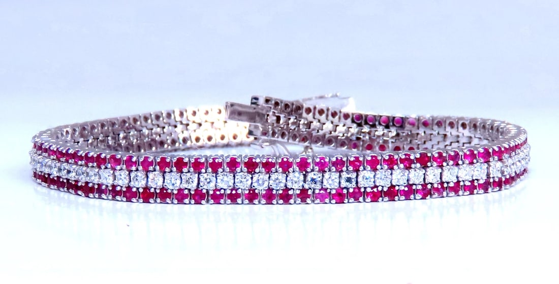 Three row natural ruby diamonds bracelet 14kt gold 12470: Title: Three row natural ruby diamonds bracelet 14kt 12470 $7,000.00 PRODUCT DESCRIPTION 3.69ct natural ruby round full cuts 2.10 ct natural diamonds g-color vs-2 clarity 14kt white gold 18 grams 7.5