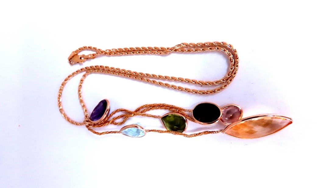 85ct Natural Citrine Amethyst Peridot Garnet Dangle Necklace 14kt 12403: Title: 85ct Natural Citrine Amethyst Peridot Garnet Dangle Necklace 14kt 12403 $1,200.00 PRODUCT DESCRIPTION Natural Citrine Amethyst Peridot GArnet Dangle necklace. Handmade. Total Weight 85ct.