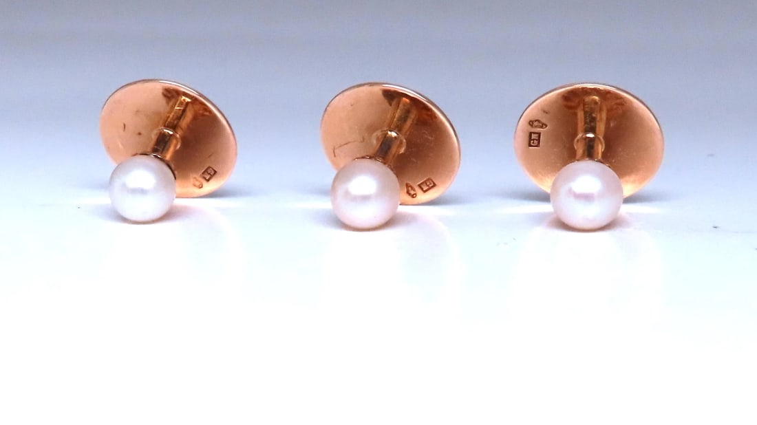 Prague Antique Three Pearl Stud Button Set with Original Box 14kt 12371 - 3