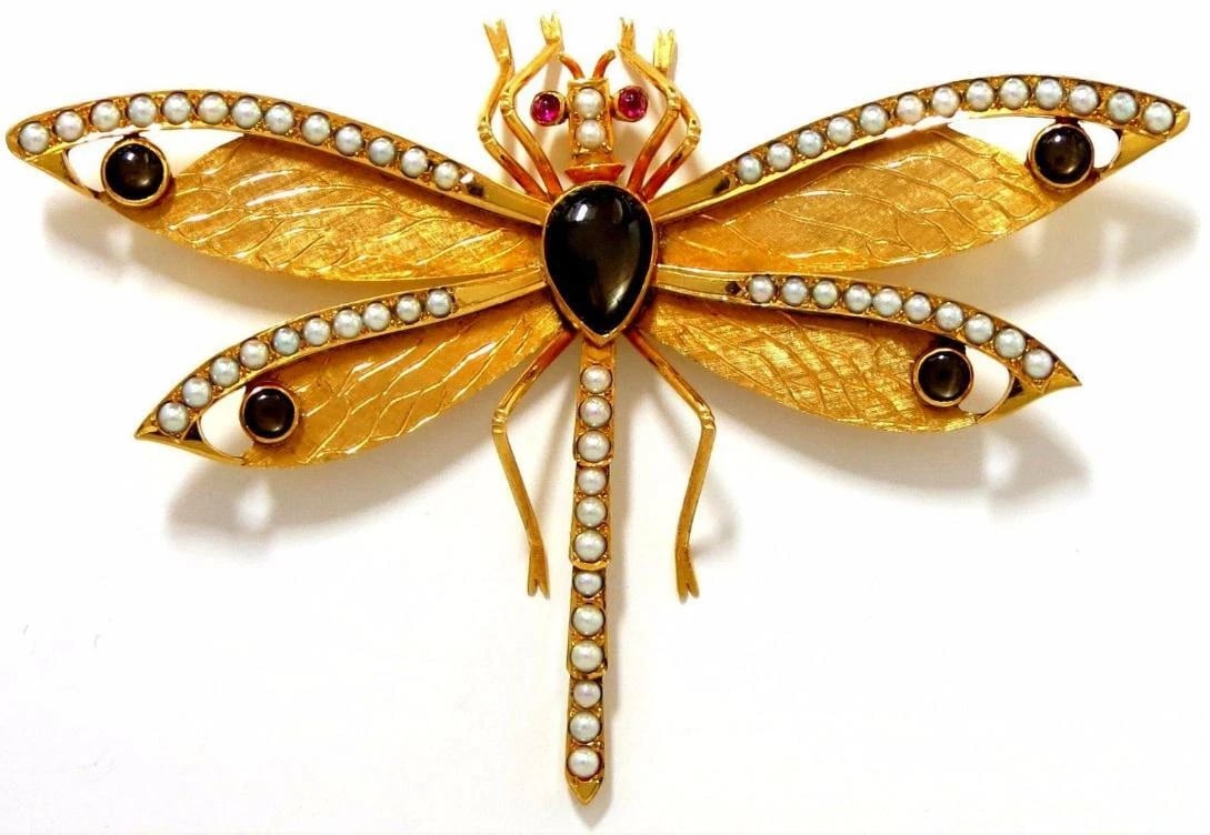 Dragonfly Natural Pearls Blackstar Brooch Pin 18Kt Gold Ref 12303 - 2