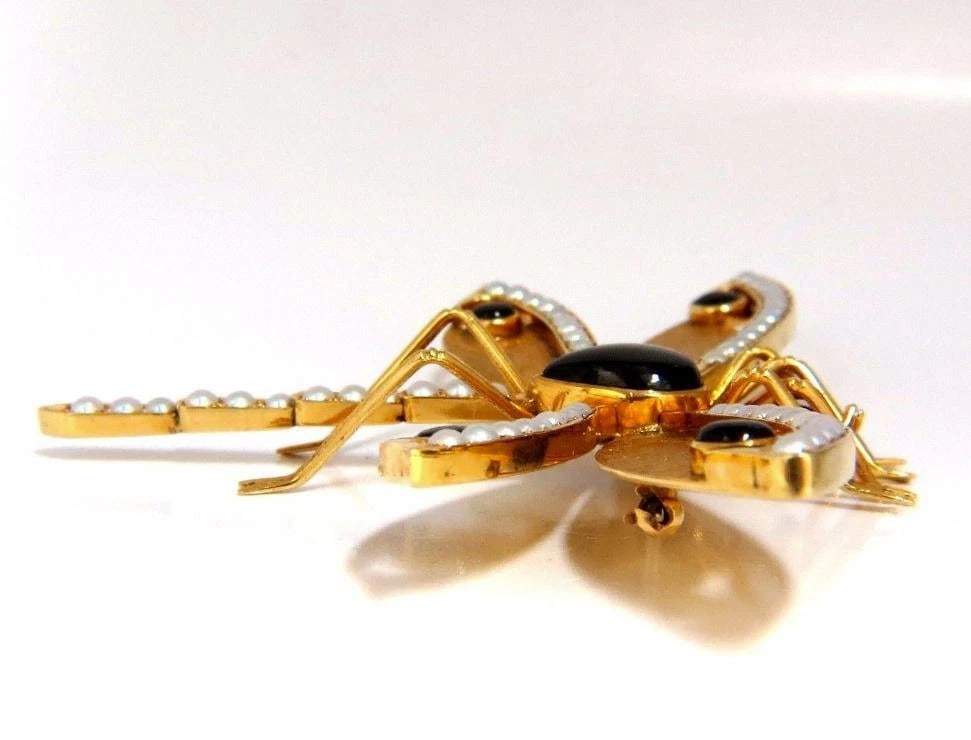 Dragonfly Natural Pearls Blackstar Brooch Pin 18Kt Gold Ref 12303 - 3