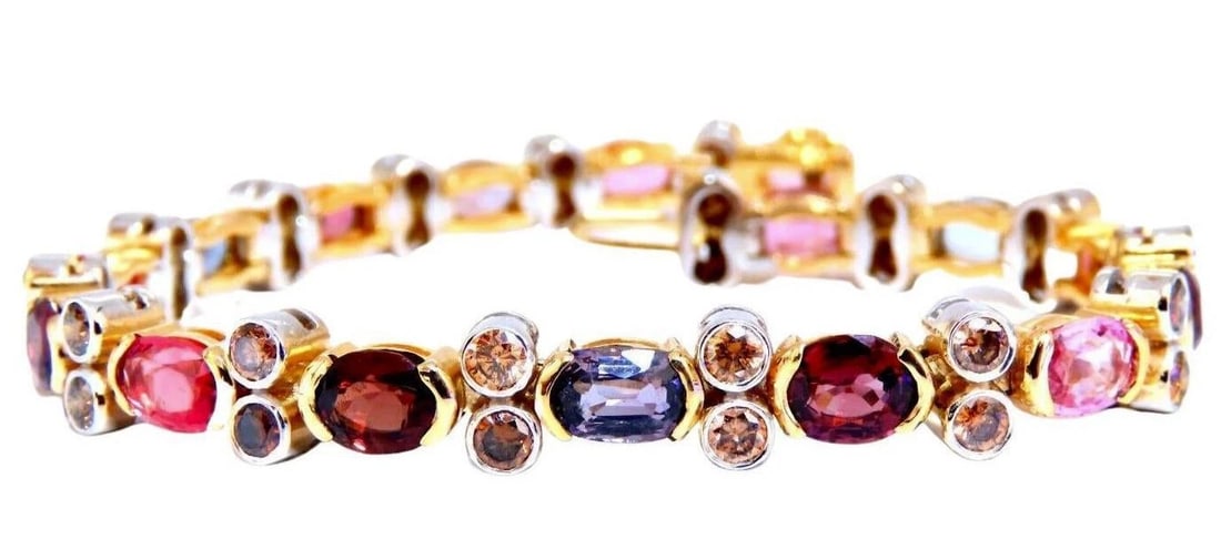 14.38ct Multicolored Spinel Diamonds Bracelet Gemline 14kt Gold Ref 12308: Title: 14.38ct Multicolored Spinel Diamonds Bracelet Gemline 14kt Gold Ref 12308 $11000.0 PRODUCT DESCRIPTION Gem-line Prime 14.38ct Natural Spinel bracelet. Red, Blues, Orange, Yellows and pinks