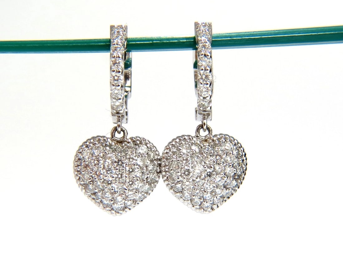 1.30ct dangling hearts on hoop diamonds earrings 14kt g/vs locking lever - 3