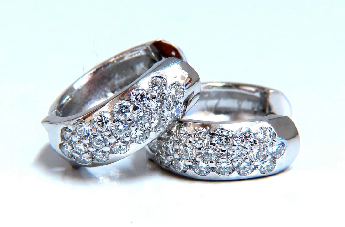 .75ct Natural Diamonds Huggie Hoop Earrings 14 Karat Gold: Pave Set Mod Hoop, Snap closure Earrings .75ct. Natural diamonds Rounds, Full cut brilliants. F/G- color Vs-2 Clarity. Excellent detail. 14kt. white gold 5.2 grams 15.5mm diameter 5.2mm thick $5000 Ap