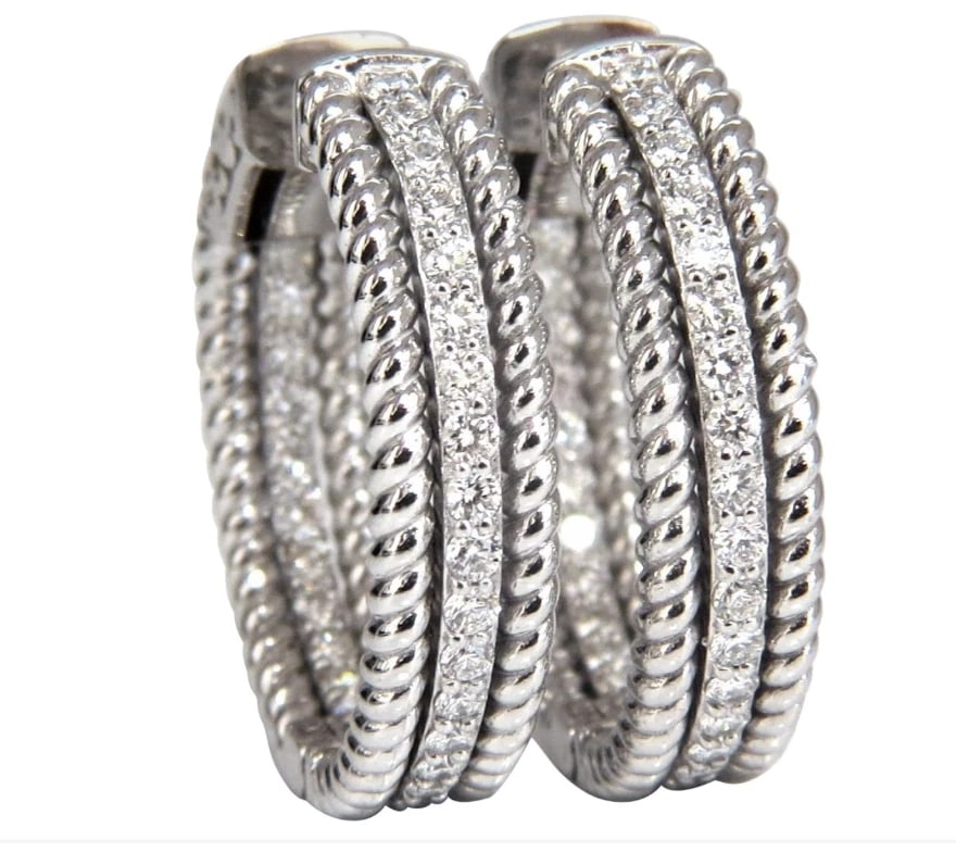1.00ct natural diamond hoop earrings 14kt g/vs Barley Rope Twist 3D & Button: Barley Row / Rope Twist / Three Row 1.00ct. Natural Round, Brilliant diamonds hoop earrings. Modern, In & Out. G color, VS-2 clarity Full cuts, great sparkle. .95 inch in diameter 5.7 mm wide 14.5
