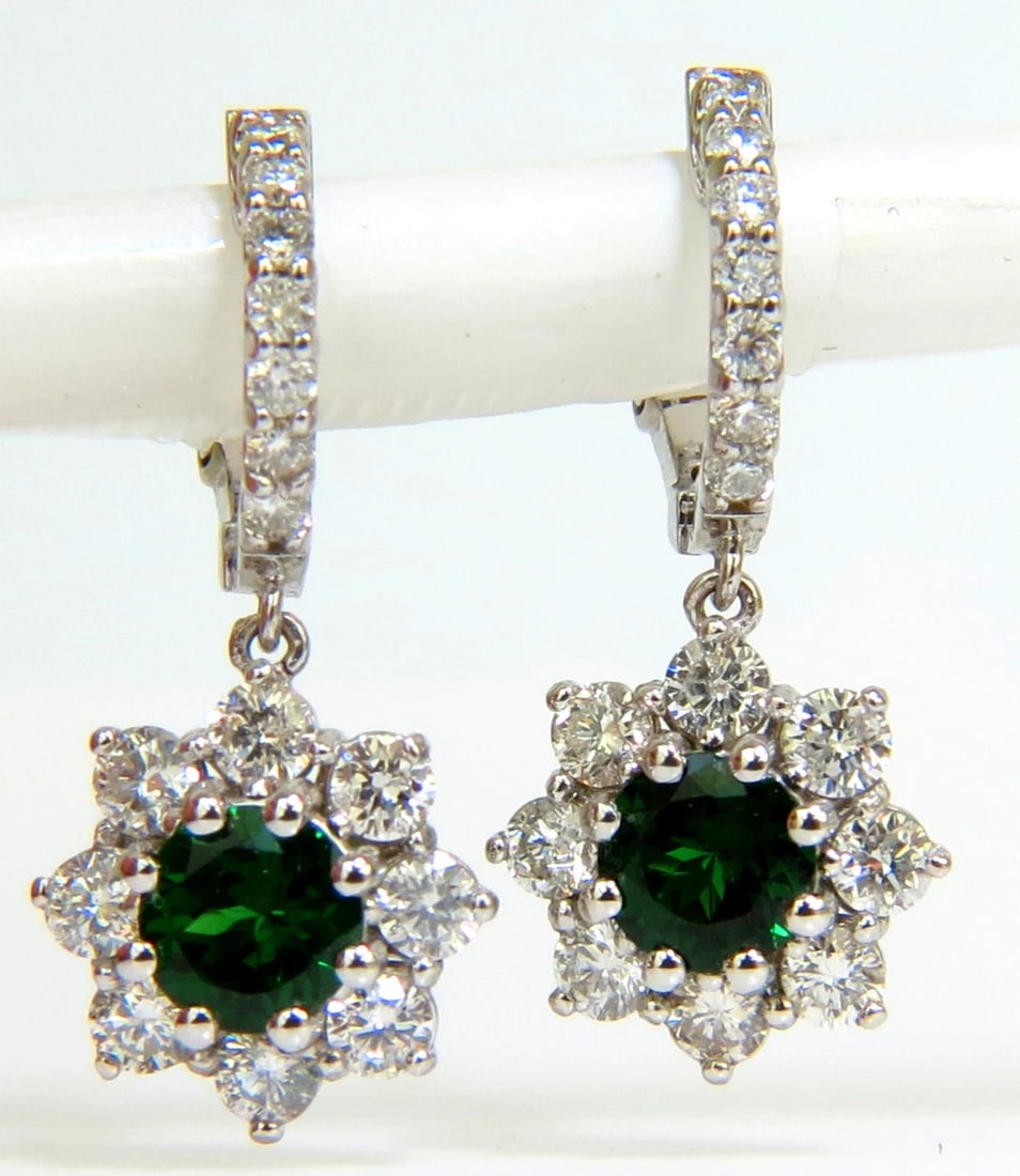 2.88CT NATURAL FINE GEM TSAVORITE DIAMOND DANGLE EARRINGS HOOP 14KT G/VS: 1.38ct. Natural Tsavorites Earrings Vivid Green Full round cuts Clean Clarity Excellent transparency Diameter 5.8mm 1.50ct. Diamonds: Rounds full cuts. G-color, Vs-2 clarity Mini Hoop & gorgeous
