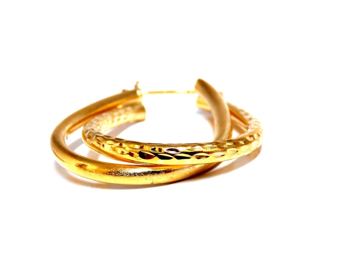 14Kt Gold Double Hoop Earrings Tubular Plain 1.2 inch long - 3