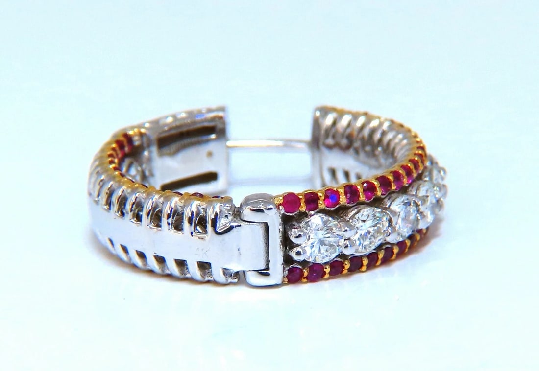 4.24ct natural red ruby diamond hoop earrings 14kt gold three row Intricate - 3