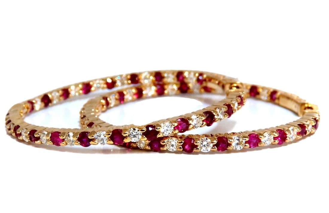4.80ct natural Ruby diamonds hoop earrings 14kt yellow gold inside out: Inside/out natural Ruby and Diamond hoop earrings. 3ct. round rubies, full brilliant cut clean clarity and transparent 1.80ct. natural round diamonds h color vs2 clarity. 14 karat yellow gold 7.8 g 36